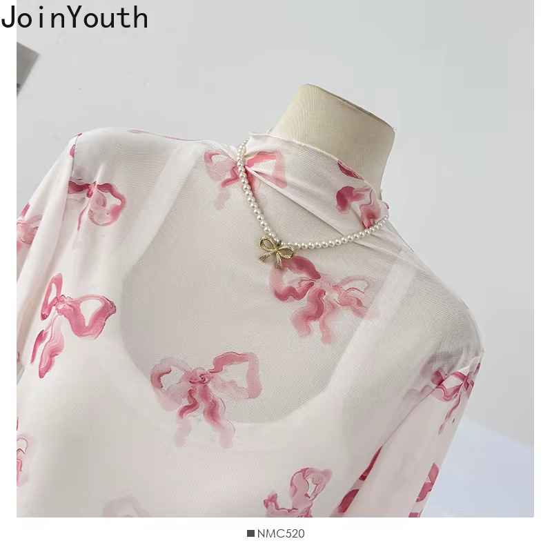 Gaze femme t-shirts nœud imprimé à manches longues