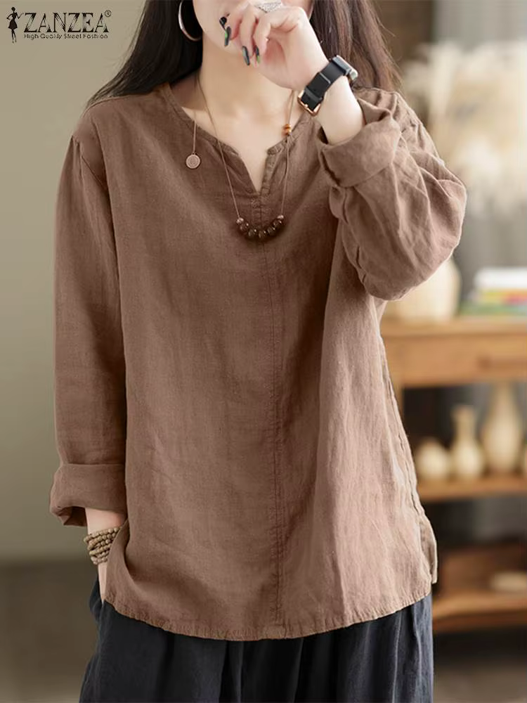Vintage femmes coton Blouse automne col en V à manches longues hauts 2025 ZANZEA rétro solide chemise ample femme travail tunique Blusas Mujer
