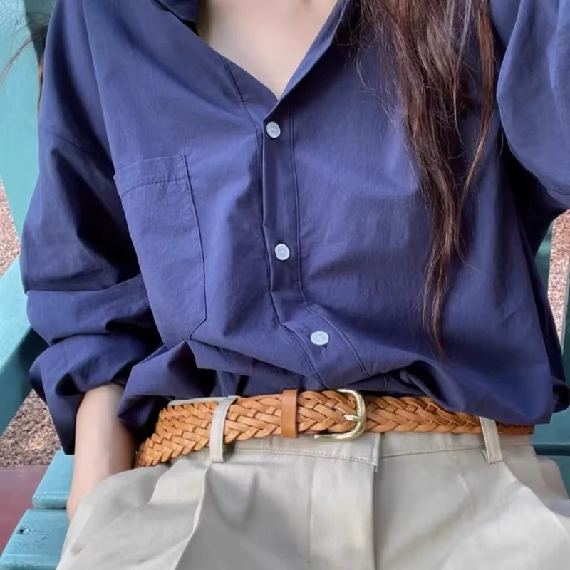 Chemise en lin mélangé bleu marine pour femme