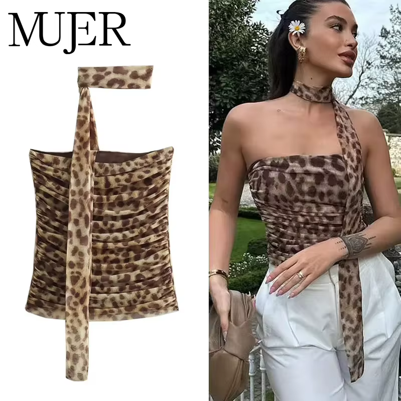 MUJER imprimé léopard haut court femme froncé Tulle