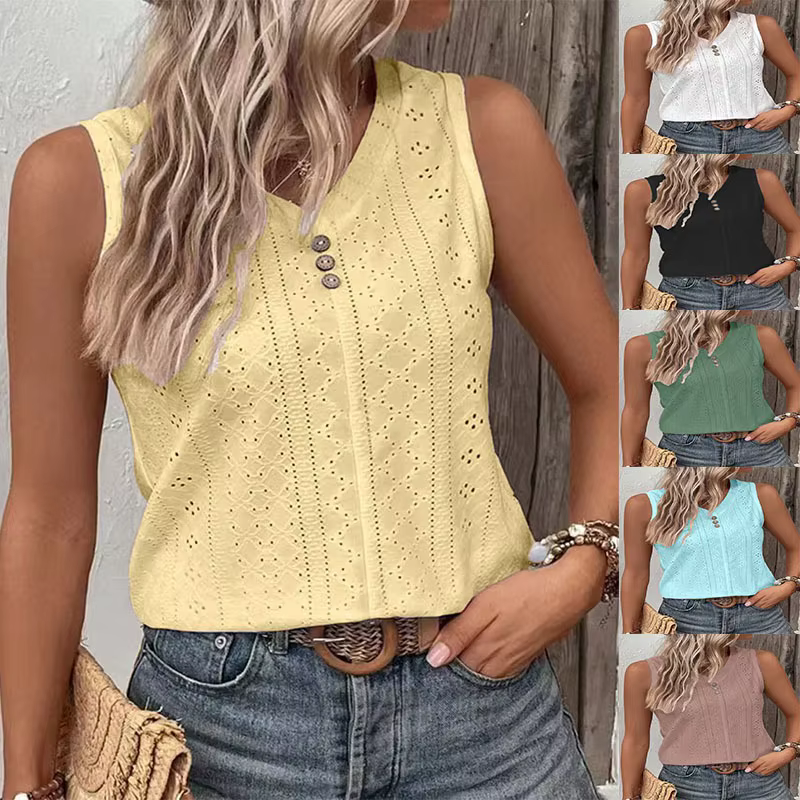 2025 nouveau débardeur pour femmes vêtements mode couleur unie col rond T-Shirt boutonné pour les femmes