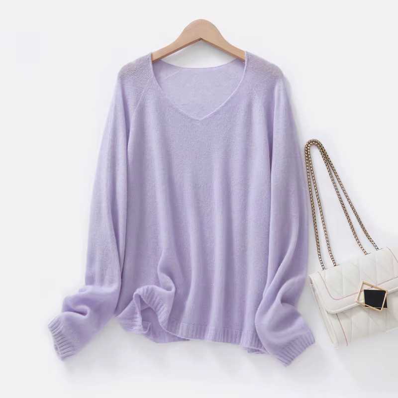 Pull-over ample en soie et cachemire à col en V pour femme