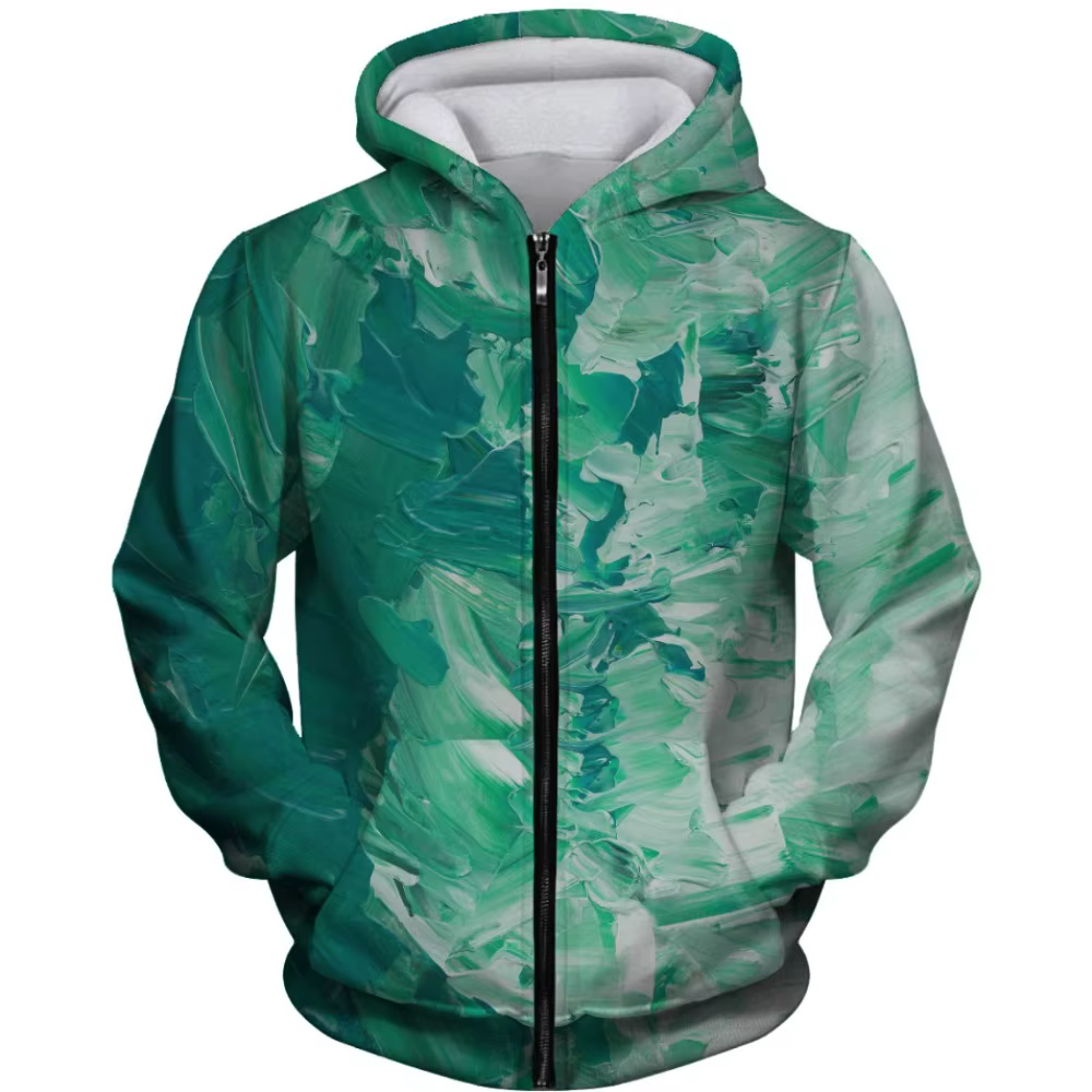 Sweat à capuche zippé d'art abstrait bleu violet vert motif aquarelle imprimé sweat-shirt streetwear décontracté