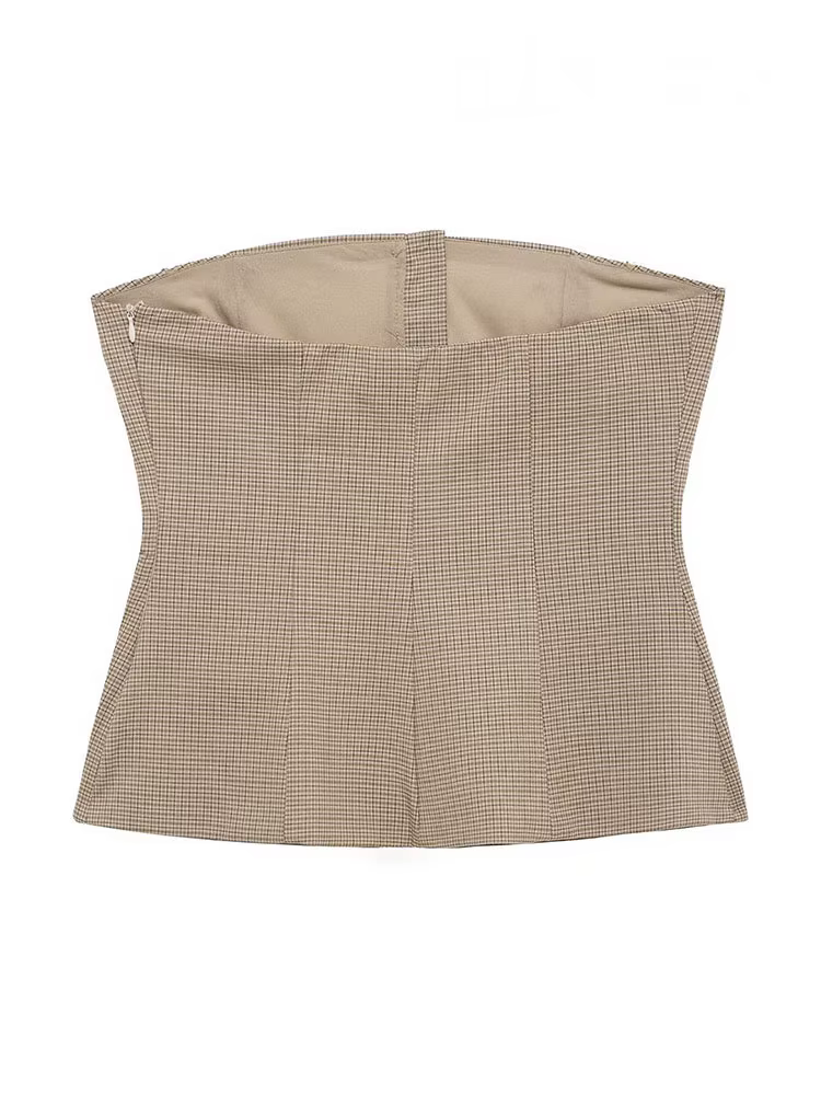 HH femmes été élégant épaules dénudées hauts courts femme mode vichy simple boutonnage poche décorer haut sans manches Mujer
