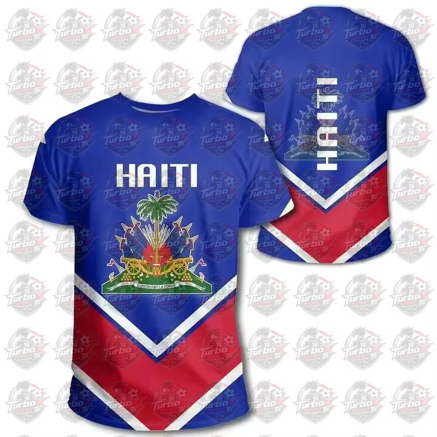 T-shirt Homme Drapeau Haïtien 2026 Emblème National Caraïbes Rétro Streetwear 3D Amusant Décontracté Manches Courtes Football