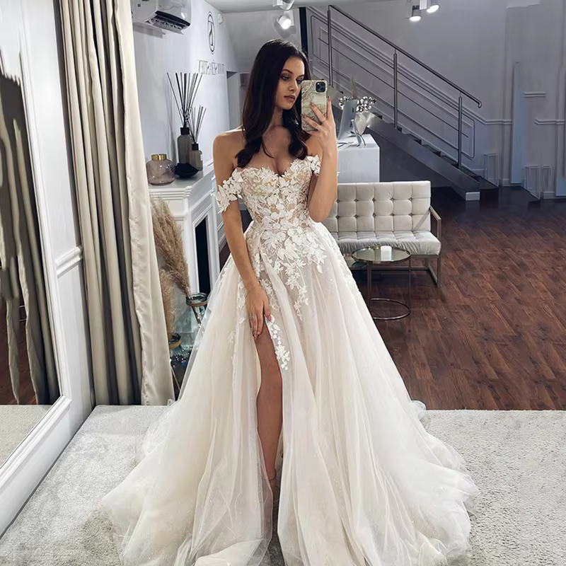 LORIE – robe de mariée en dentelle, épaules dénudées, col en cœur, avec des Appliques fendues sur le côté, personnalisée, 2022