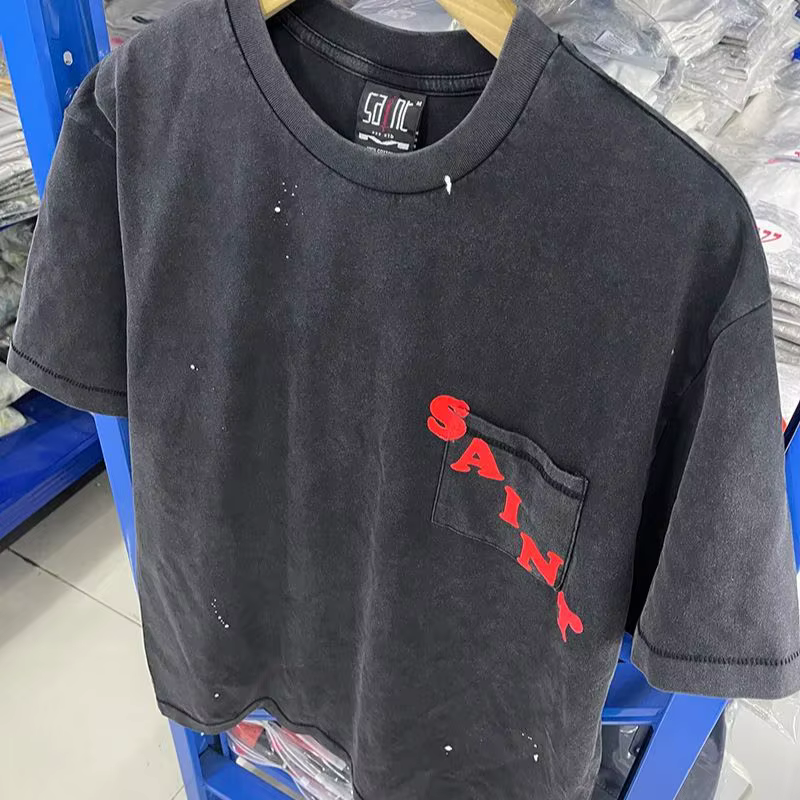 Poche SAINT Logo t-shirts hommes femme Vintage ample lavé à manches courtes noir col rond Streetwear bonne qualité haut