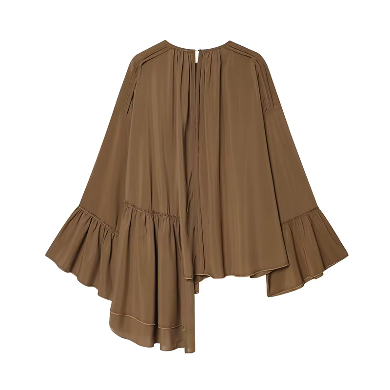 YENKYE nouveau chemisier en mousseline de soie ample à la mode et polyvalent pour les femmes manches papillon col rond asymétrique plissé à volants hauts