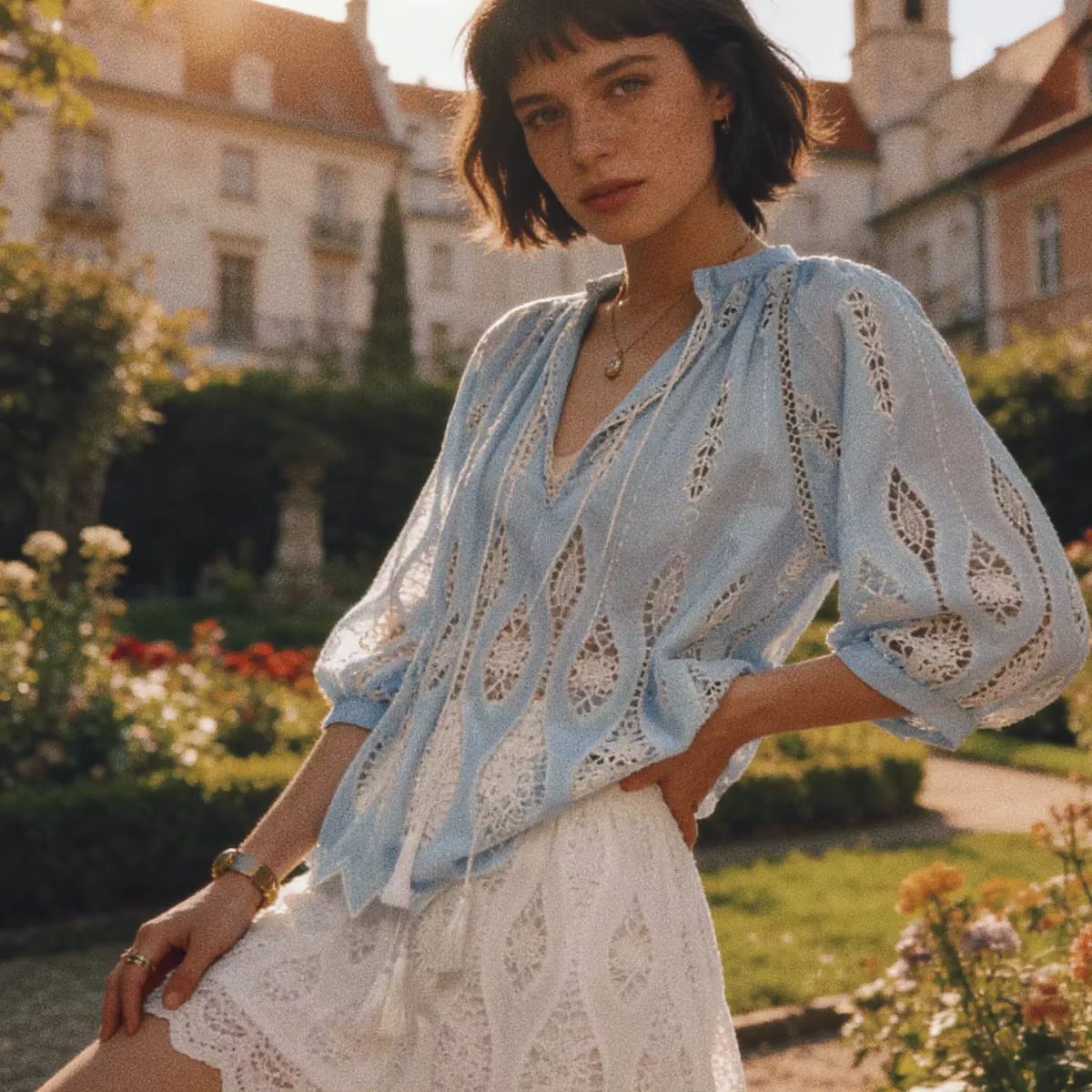 Chemise en coton bleu pour femmes à manches longues évider bouton vers le bas élégant décolleté en V