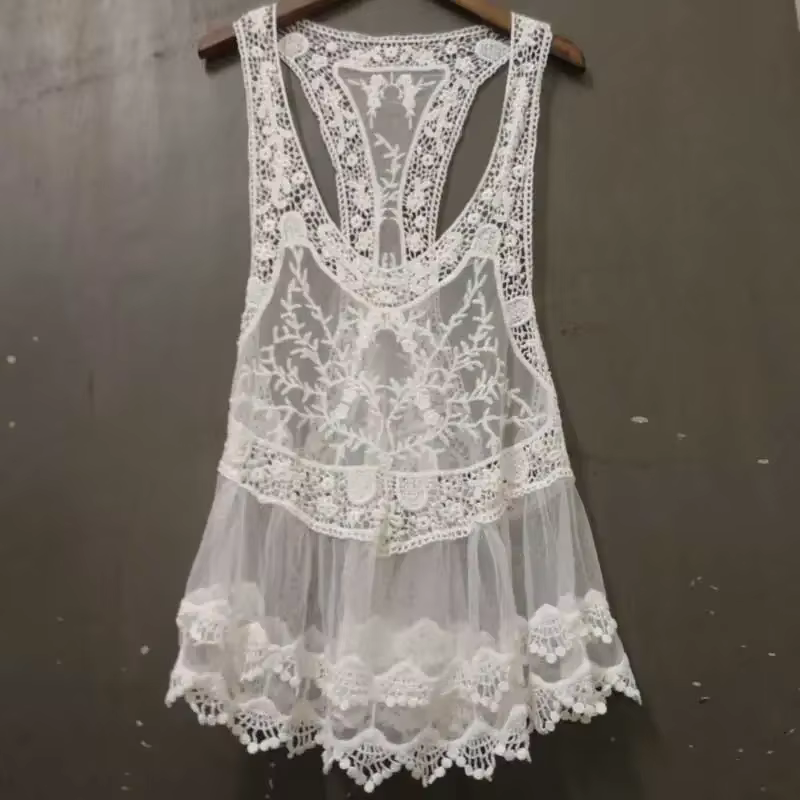 BOHO inspiré bohème Crochet dentelle dos nageur débardeur couvrir coton mélange été plage haut nouveau