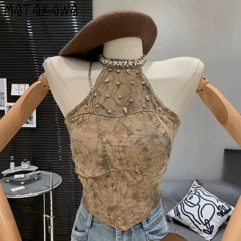Matakawa Y2k vêtements dos nu t-shirt pour femmes imprimer printemps été Sexy Ropa De Mujer perles licou rétro débardeurs