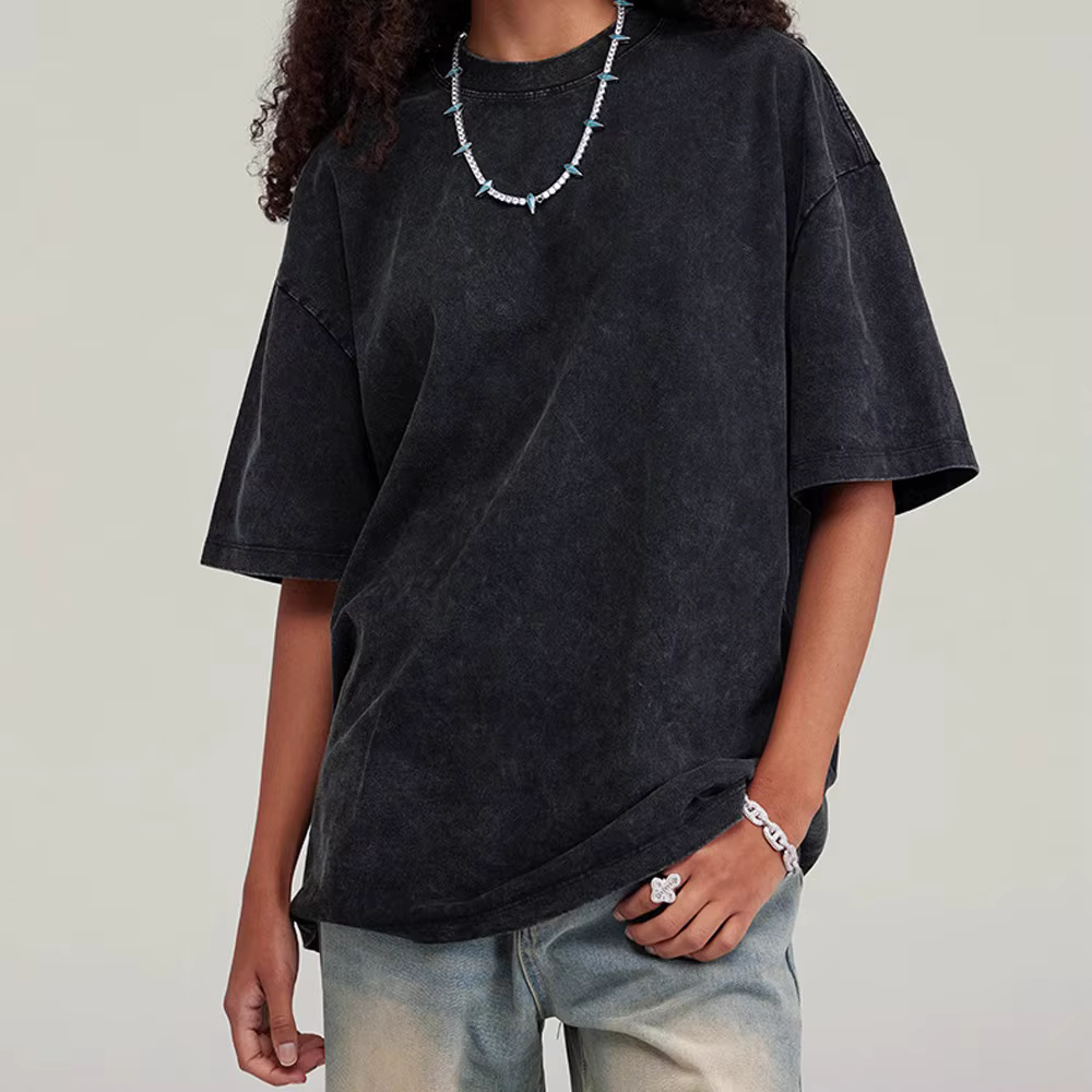 Streetwear lavé en détresse T-shirt pour hommes surdimensionné européen et américain épaules dénudées manches coton femmes t-shirts