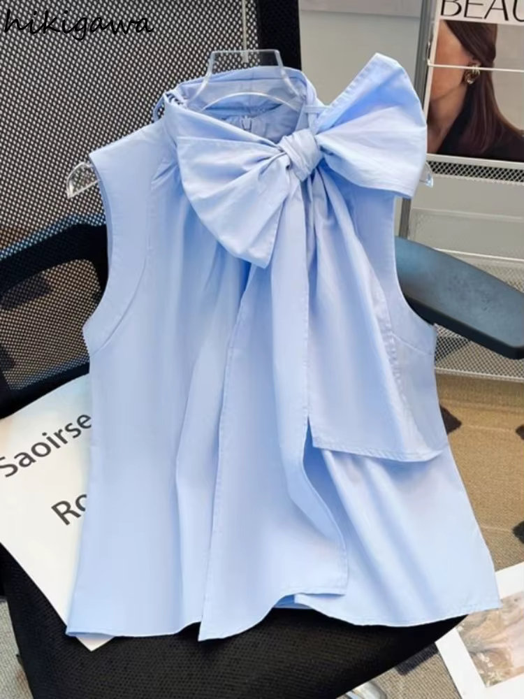 Chemisier blanc pour femmes 2025 Blusas Mujer De Moda pansement nœud sans manches chemises amples mode doux été Blouses hauts femme