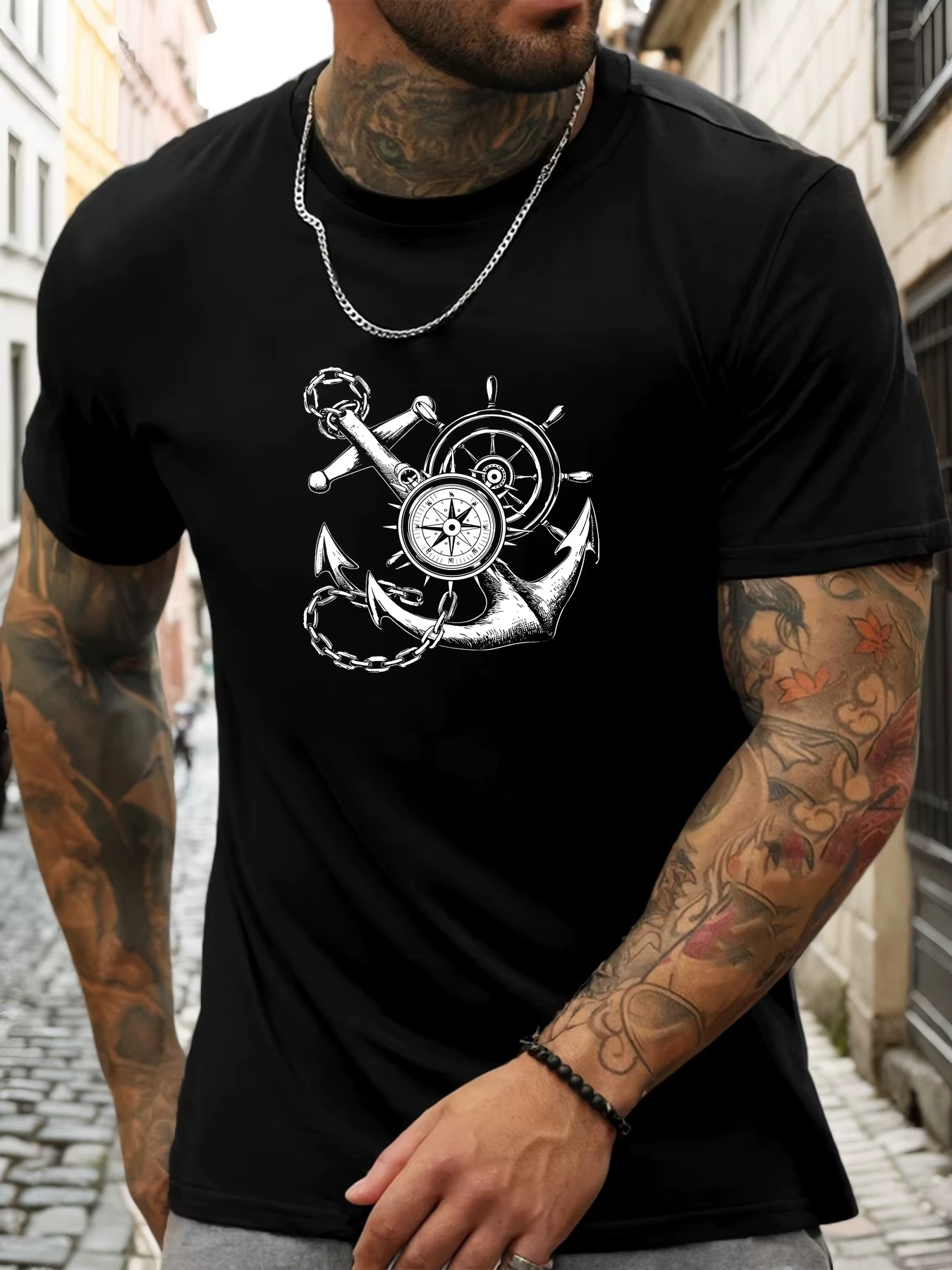 T-shirt d'été décontracté à manches courtes pour hommes avec un motif d'ancre de bateau et de boussole