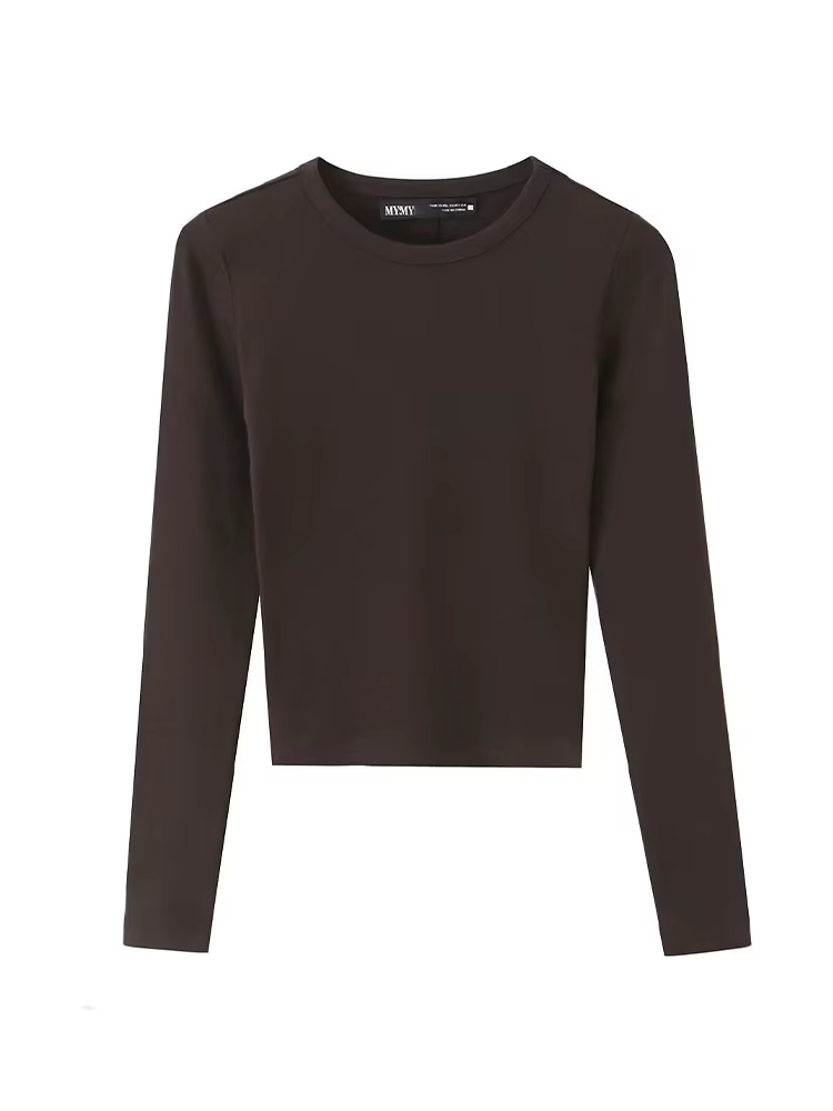 T-shirt Femme Printemps Mode Casual Slim Style Urbain Élégant Col Rond Manches Longues Chic Uni 3 Couleurs Hauts Courts