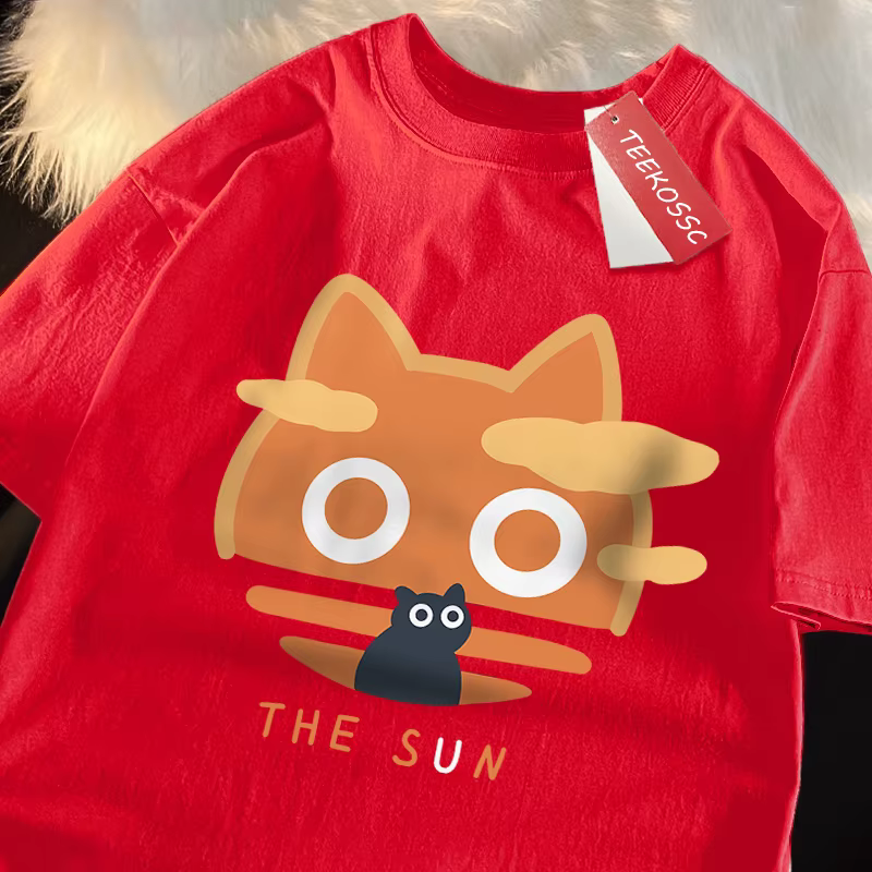 Le soleil Orange chat amusant Style japonais homme coton col rond T-Shirt été ample surdimensionné vêtements de haute qualité marque à manches courtes