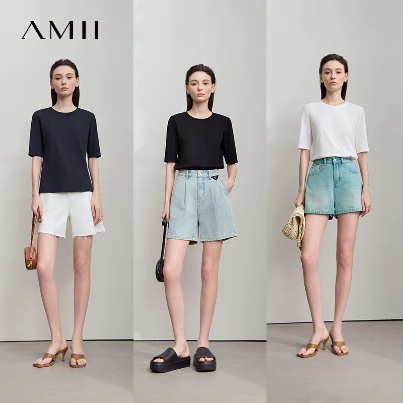 AMII minimaliste coton noir T-Shirt pour femmes 2025 bureau dame O cou plaine tricot