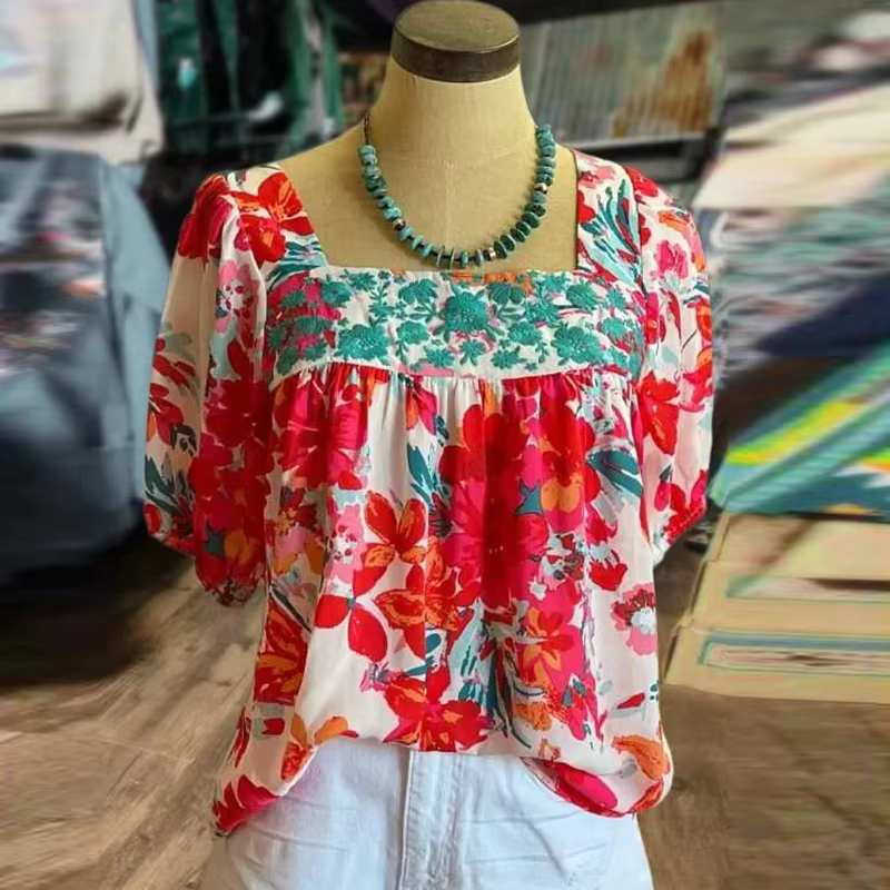 T-shirt d'été à manches courtes et col en V pour femme