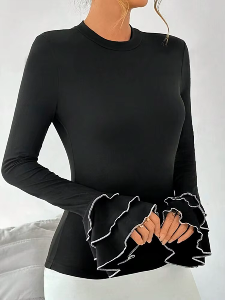 Bonboho T-shirt moulant noir uni pour femmes col rond manches longues à volants chemises élégantes 2025 chemisier de mode d'automne