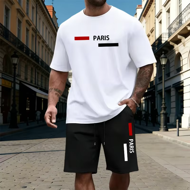 Ensemble homme imprimé Paris 2026 : T-shirt en coton et short à séchage rapide – Tenue décontractée estivale