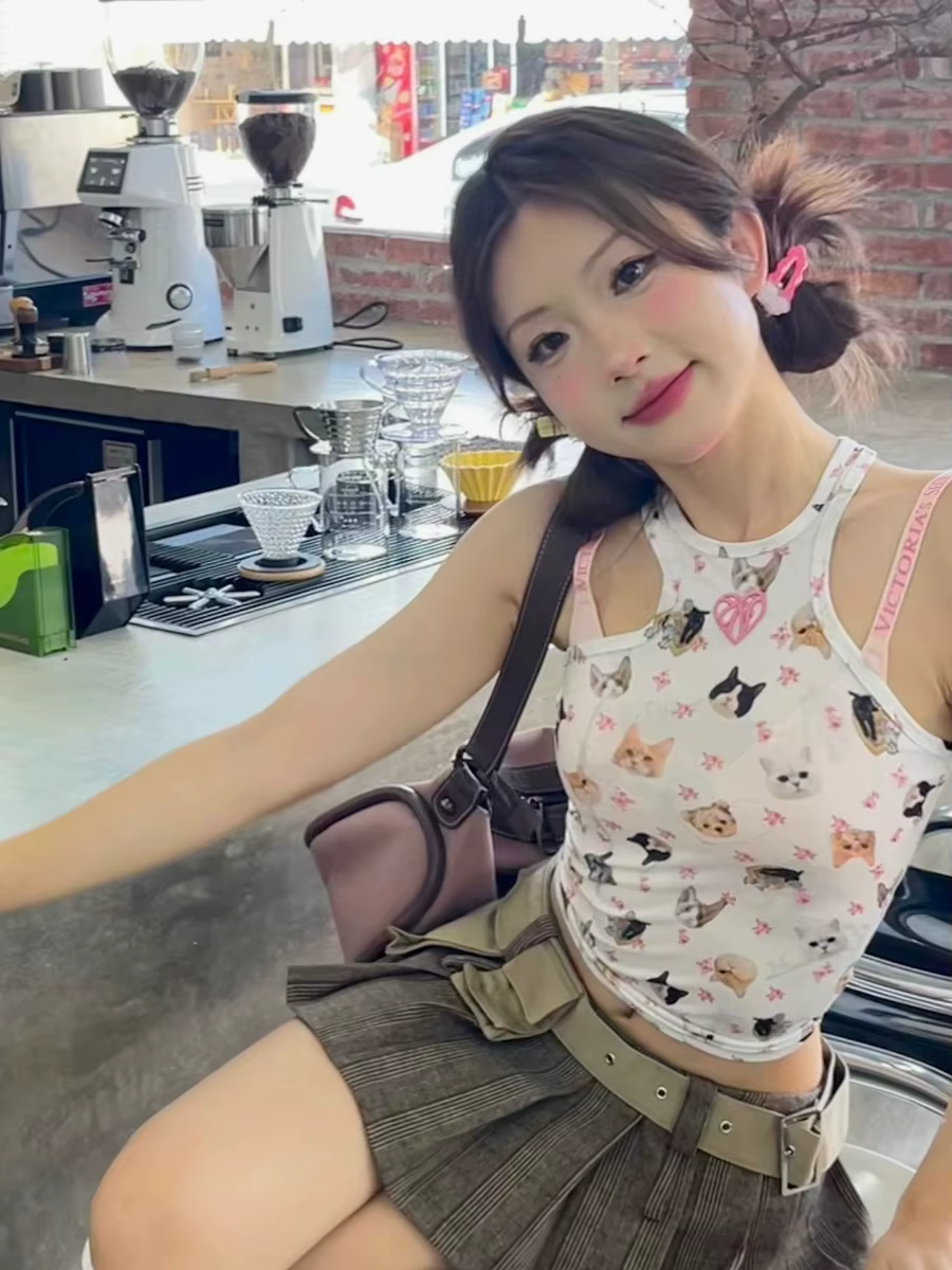 Ganayooa-Crop rétro imprimé chat vintage pour femmes