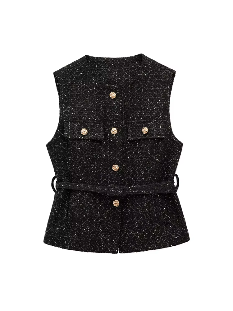 Gilet en Tweed avec ceinture pour femmes, col rond, sans manches, bouton sur le devant, vêtements d'extérieur pour femmes, hauts chics, à la mode