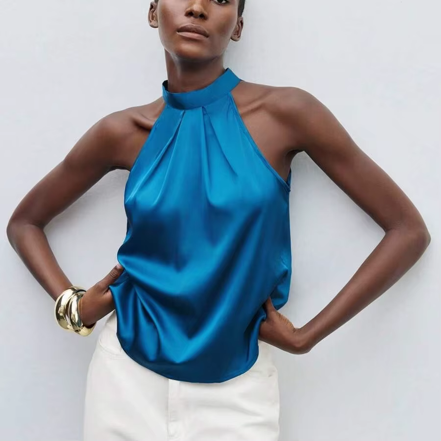 Hirigin élégant Satin licou cou débardeurs femmes sans manches couleur unie t-shirt basique culture hauts mode été fête Clubwear