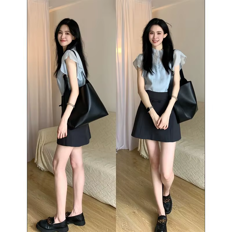 Élégant col mi-haut manches volantes en mousseline de soie chemise transparente Camisole t-shirt femmes taille haute a-ligne jupe été mince trois pièces