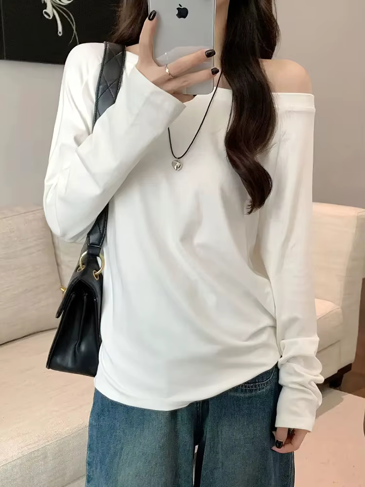 Surdimensionné épaules dénudées à manches longues t-shirt femmes couleur unie décontracté hauts dame printemps automne t-shirts de base style coréen jeunesse Blouses