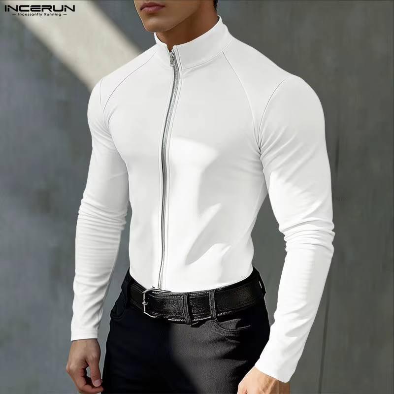 INCERUN hommes t-shirt col roulé fermeture éclair manches longues décontracté mâle