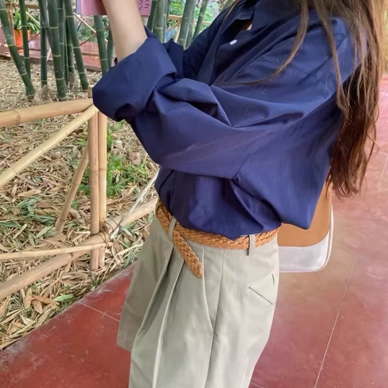 Chemise en lin mélangé bleu marine pour femme