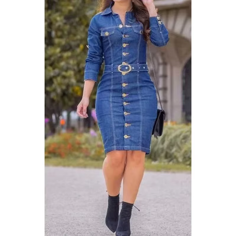 Nouvelle robe en jean femmes revers coupe ajustée élégante robes crayon à manches longues taille haute simple boutonnage jean robes Largos Mujer