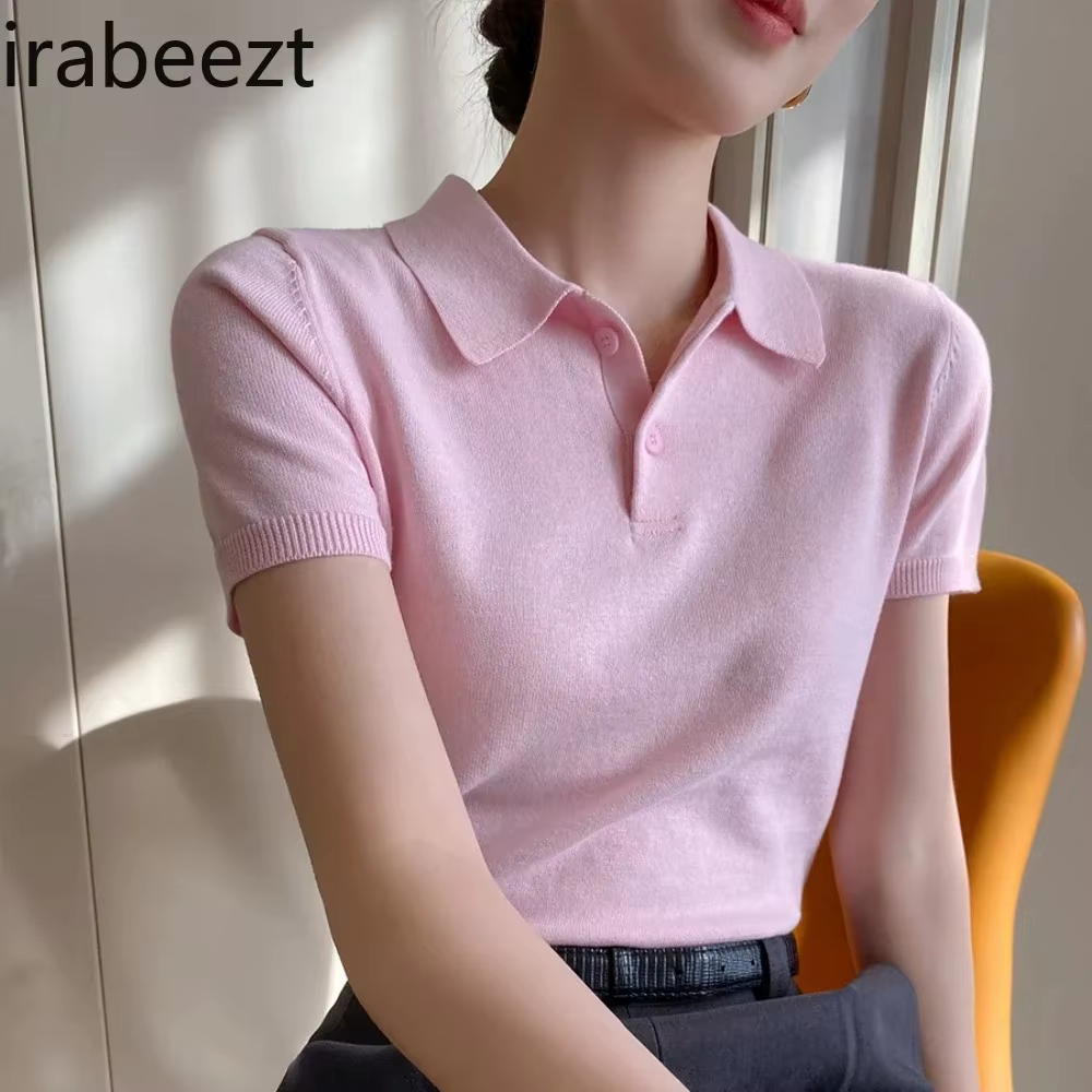 Polo rose tricoté T-shirt haut pour femme chemises à manches courtes 2025 nouvelle chemise printemps été pour femmes vêtements