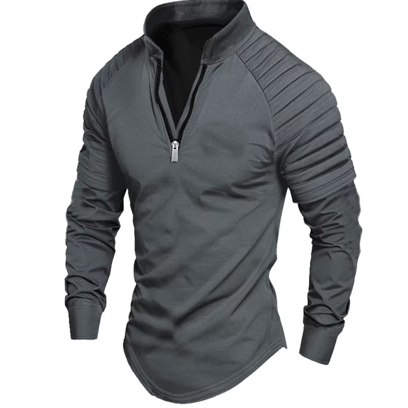 2025 printemps automne hommes Polo mode bras plissé conception à manches longues col montant fermeture éclair haut