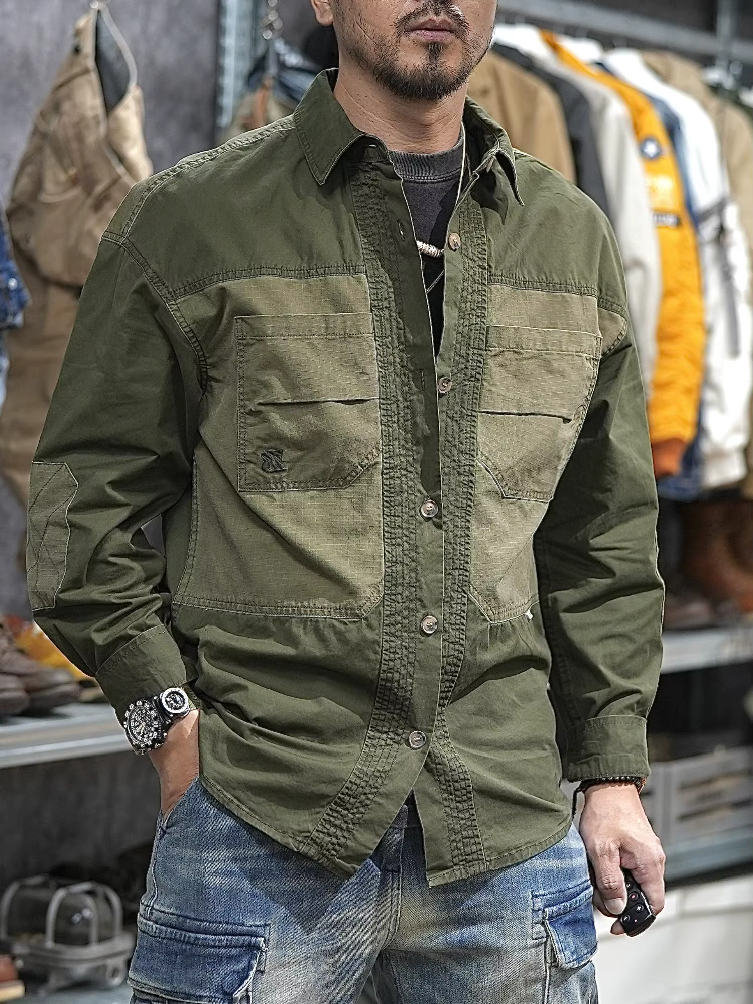 Patchwork utilitaire décontracté vêtements de travail en plein air chemises pour hommes printemps été haute qualité 100% coton épaule tombante Safari Cargo chemise