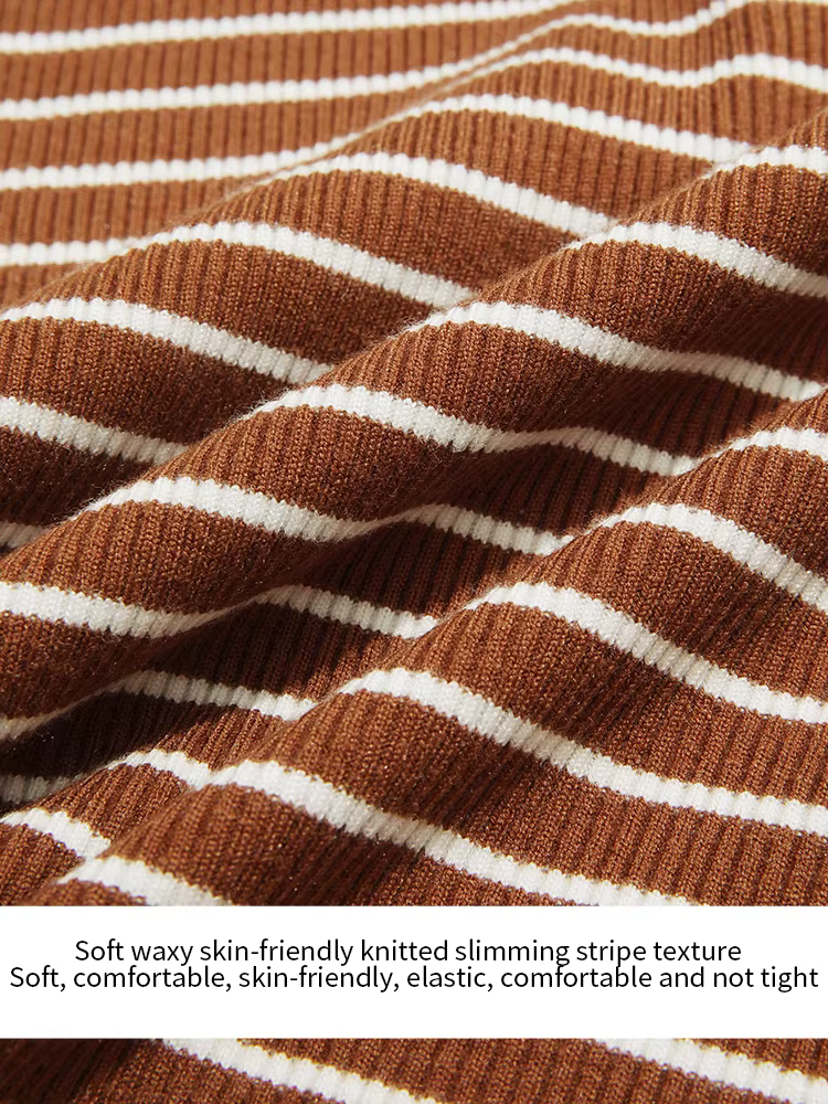 Je crois vous hauts à manches longues pour femme 2025 hiver rétro marron rayé col rabattu tricot T-shirt