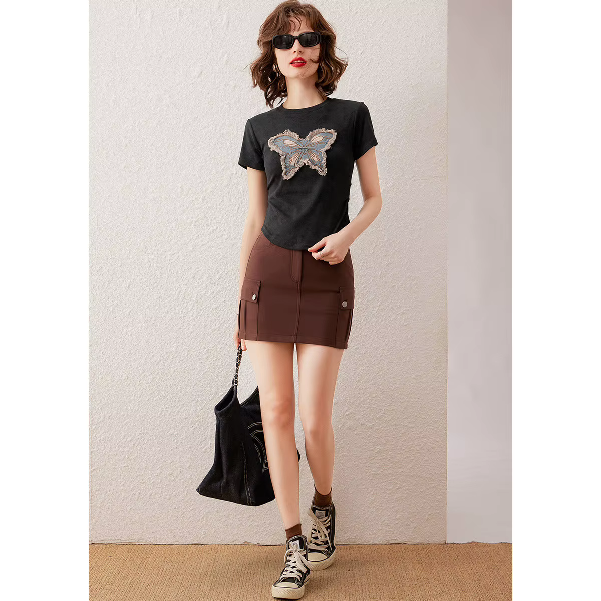Modiis YAO-T-shirt à manches courtes et col rond pour femme, haut décontracté, pull, broderie délavée papillon, coupe couvertes, mode estivale, 2024
