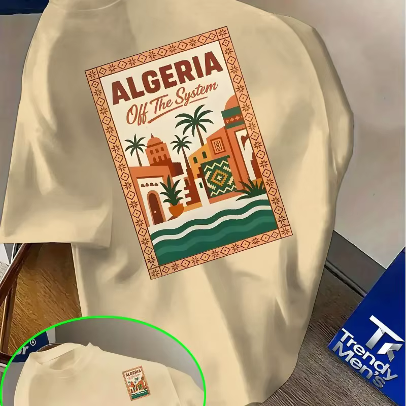 T-shirt rose à motif algérien pour homme - Texte audacieux « Algérie » et design paysage urbain désertique
