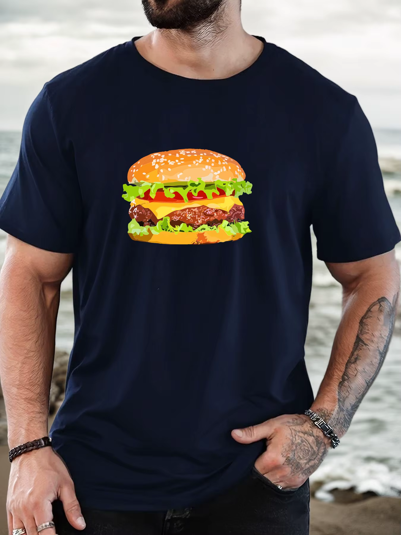 T-shirt court d'été décontracté à col rond pour hommes à motif hamburger