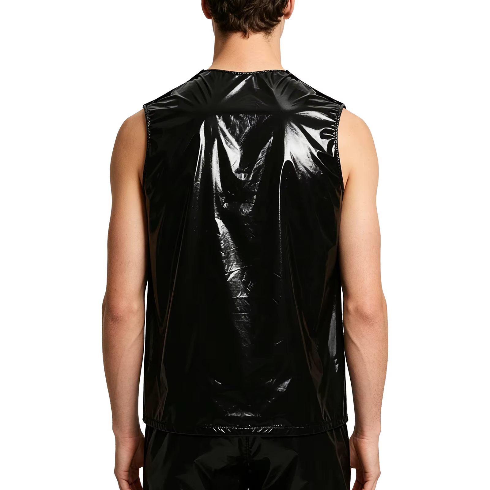 Débardeur Homme Imperméable Effet Mouillé PVC Rouge Sans Manches Brillant Gilet Vinyle