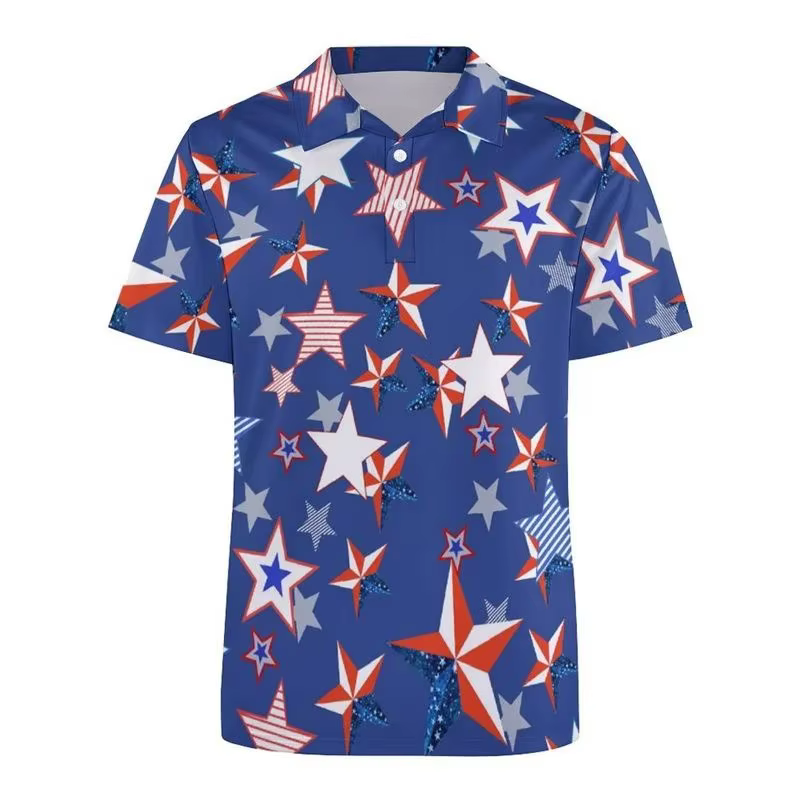 Polo pour Homme 2026 Tendance Motif Drapeau USA Impression 3D Manches Courtes T-shirt Vente Chaude Style Urbain Été Boutonné Col Revers Ample