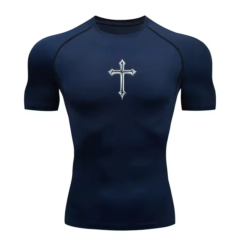 T-shirt de compression imprimé croisé pour hommes, T-shirt athlétique chrétien, hauts de sport, sous-vêtements de gym, de course, de musculation, sous-maillots, Rash Guard