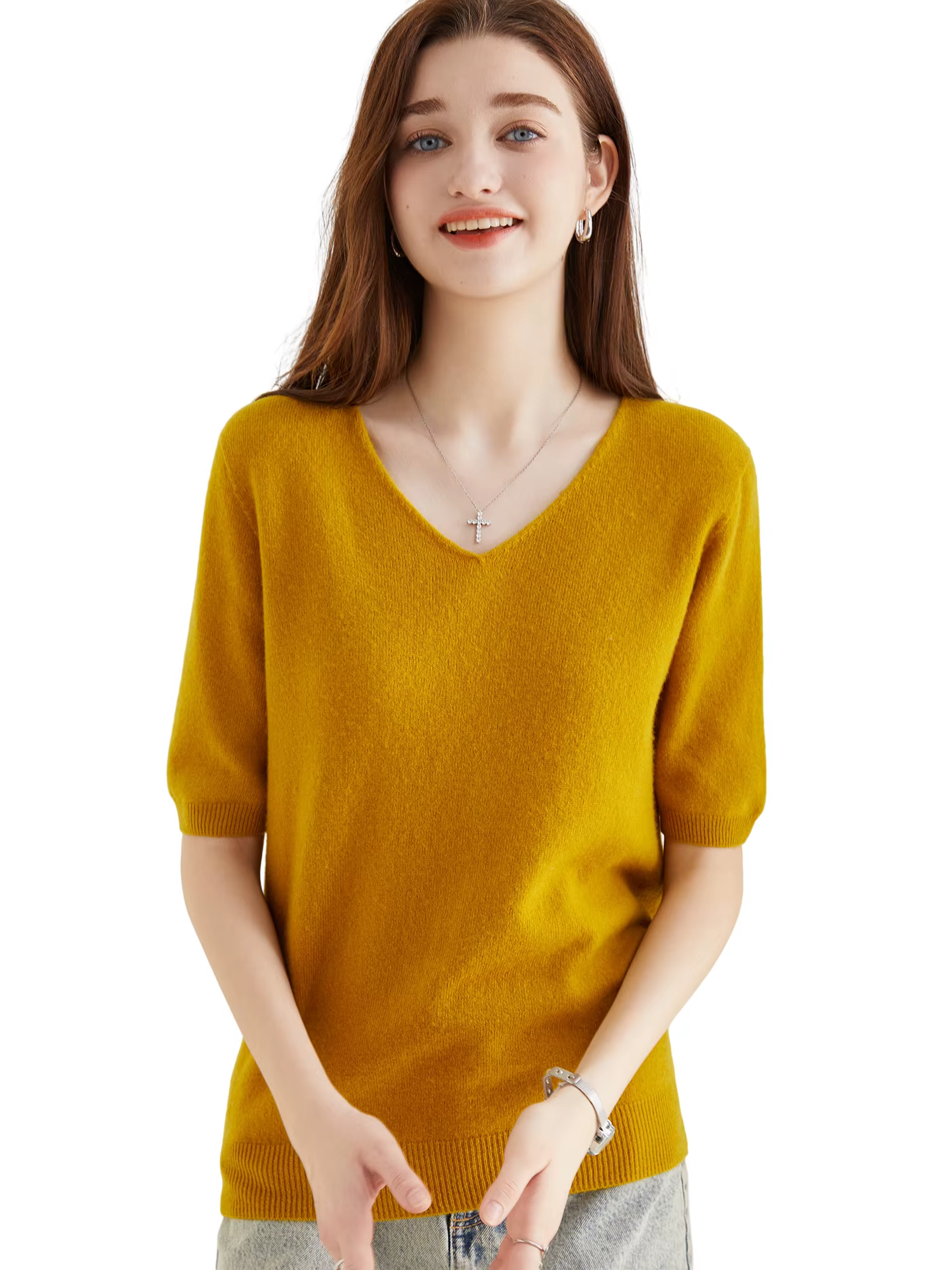 Pull femme 100% laine mérinos pull pour femme pull à manches courtes hauts printemps été col en V doux tricoté femme vêtements