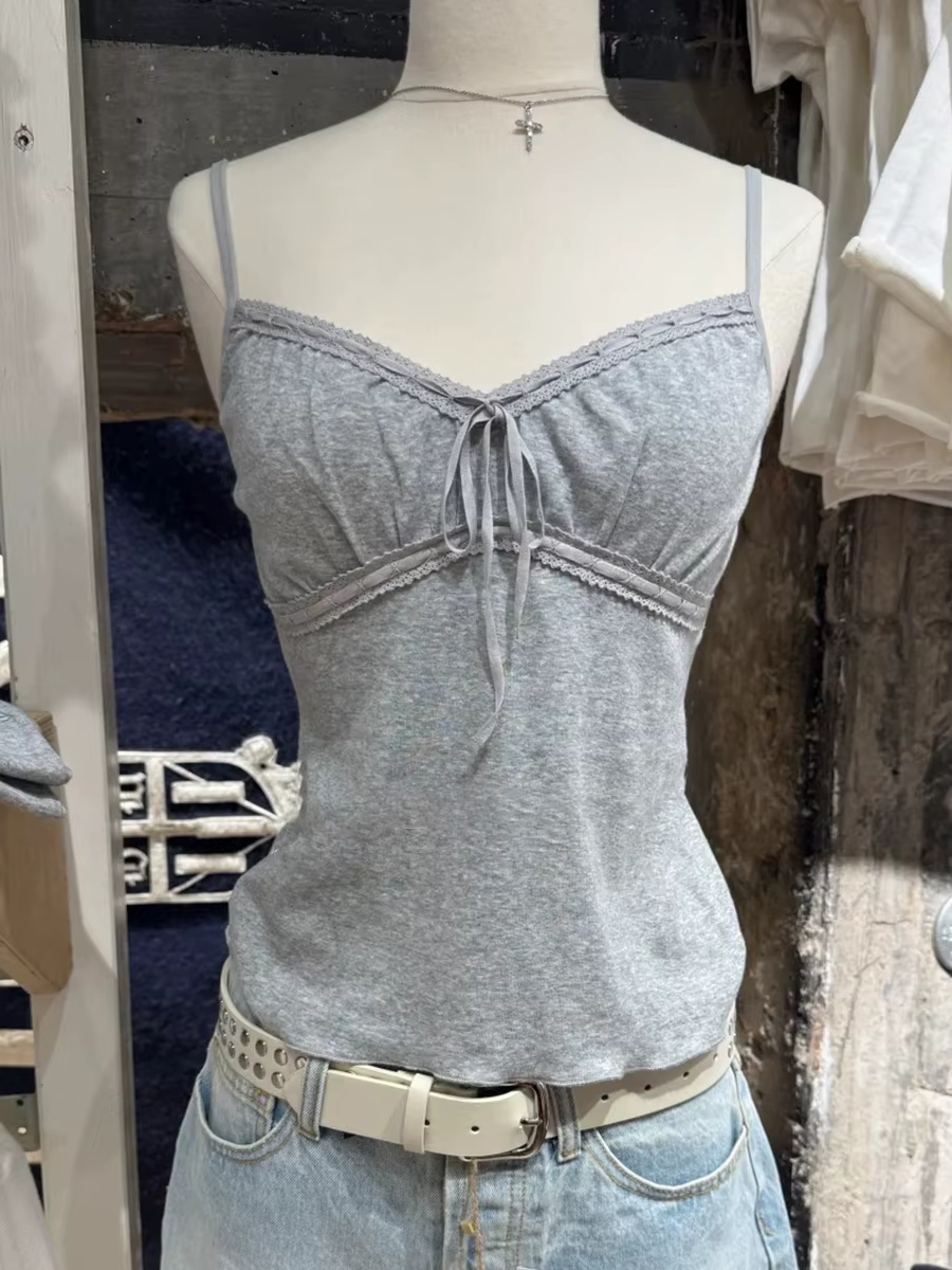 Débardeurs gris plissés à lacets et col en V pour femme – Style décontracté d'été en coton