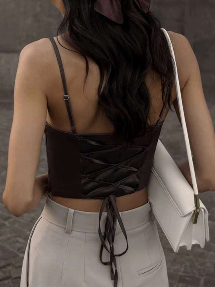 Haut Moulant à Bretelles Spaghetti pour Femme, Vêtement Sexy, Dos aux, Crop, Élégant, à Lacets, Streetwear, pour ix, Été, Y-2024