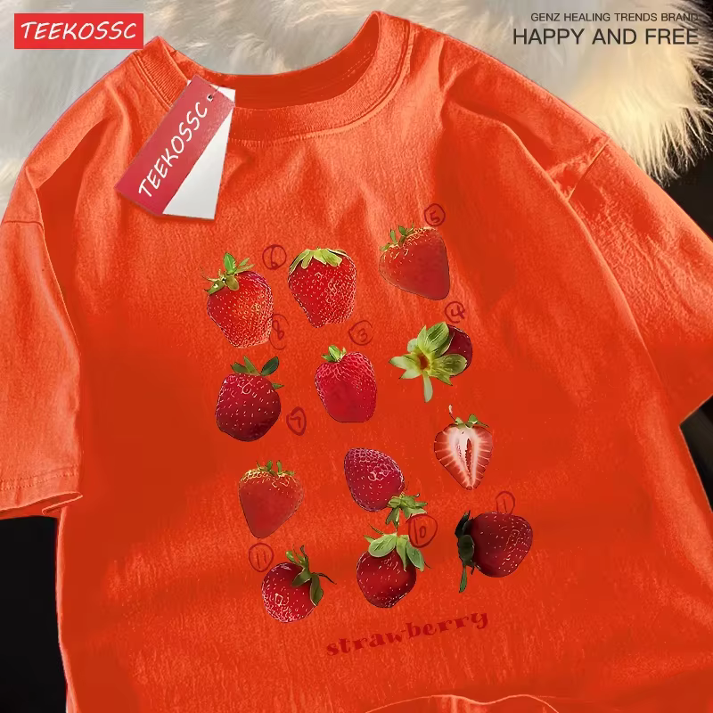 12 Types fraise impression hommes femmes 100% coton t-shirts mode d'été Harajuku lâche