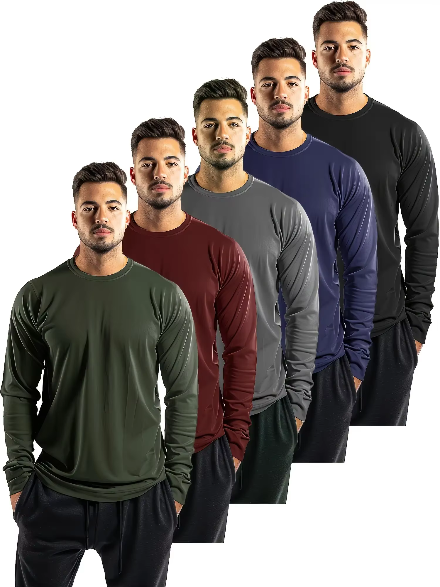 T-shirt 5 pièces à manches longues et col rond pour hommes, couleur unie, design polyvalent, confortable et à la mode