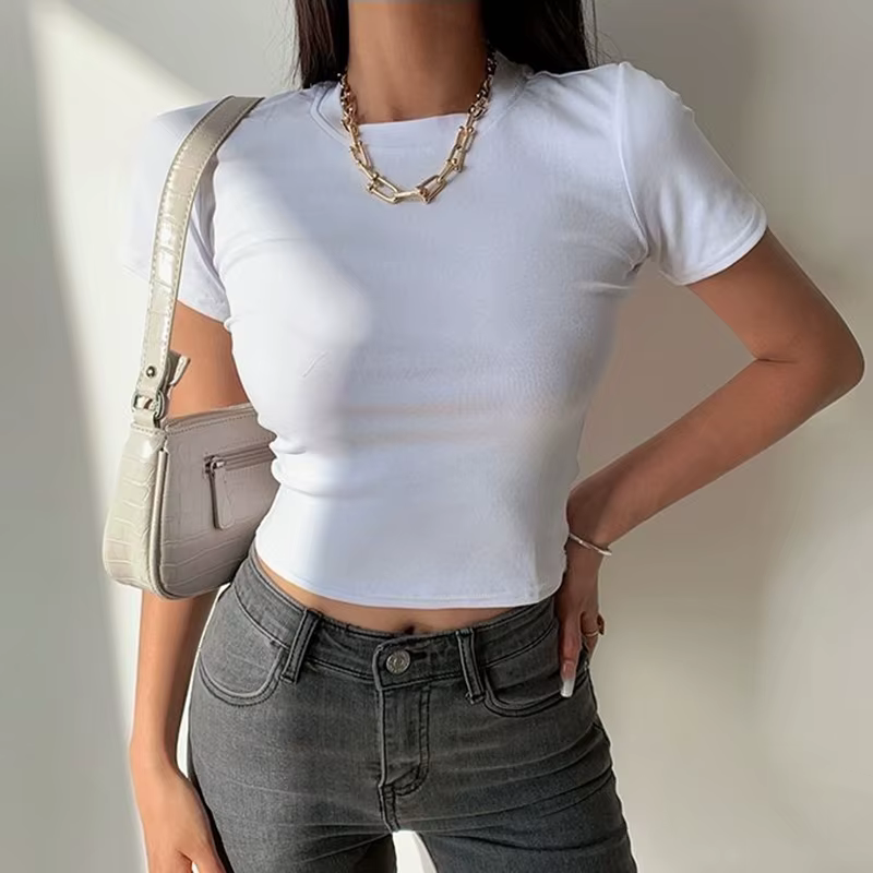 T-Shirt à manches courtes femmes solide Simple décontracté doux tout-Match basique culture hauts t-shirts mode d'été