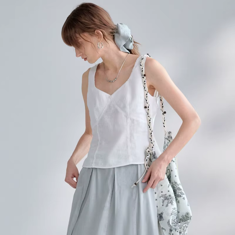 Nouveau débardeur élégant pour femme 100% lin à col en V et bordure en dentelle