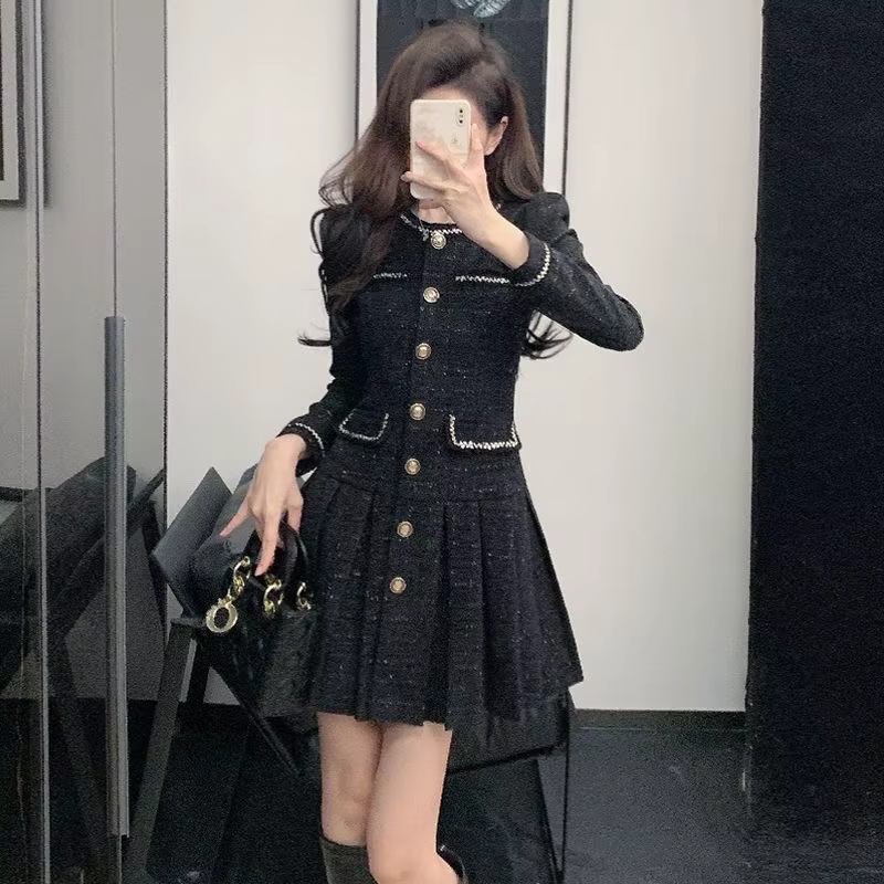 Robe noire élégante de Style Tweed français pour femmes, nouvelle collection printemps automne 2026, amincissante, ajustée à la taille, Chic, Socialite